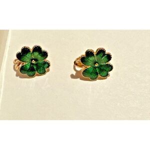 Vintage Avon Green Enamel Gold Tone Lucky Four Leaf Clover Clip On Earrings‎